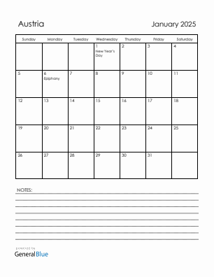 Current month calendar with Austria holidays for January 2025