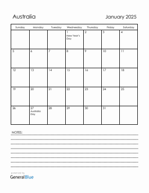 Current month calendar with Australia holidays for January 2025