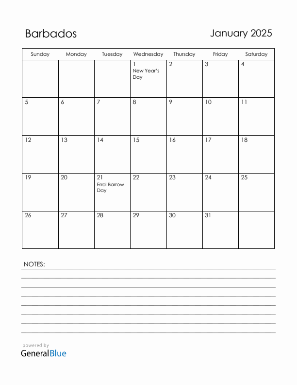 January 2025 Barbados Calendar with Holidays (Sunday Start)