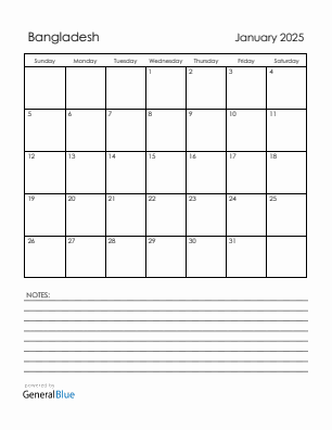 Current month calendar with Bangladesh holidays for January 2025