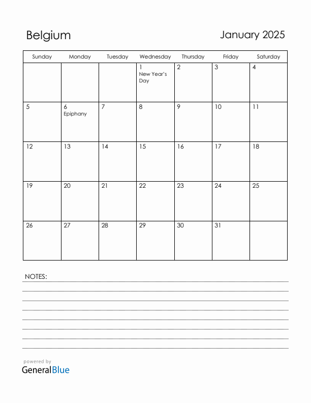 January 2025 Belgium Calendar with Holidays (Sunday Start)