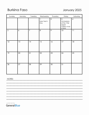 Current month calendar with Burkina Faso holidays for January 2025