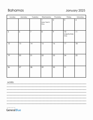 Current month calendar with Bahamas holidays for January 2025