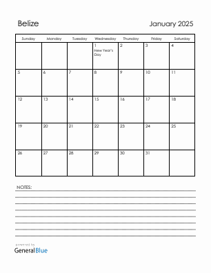 Current month calendar with Belize holidays for January 2025