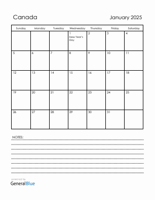 Current month calendar with Canada holidays for January 2025