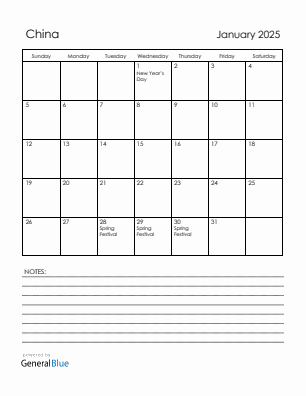 Current month calendar with China holidays for January 2025