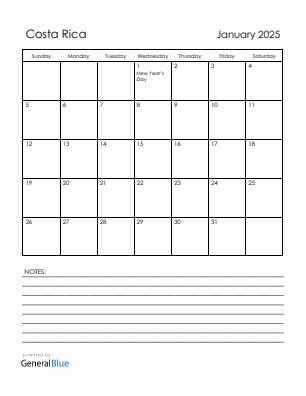 Current month calendar with Costa Rica holidays for January 2025