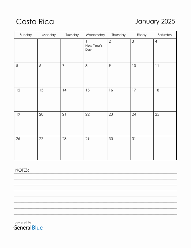 January 2025 Costa Rica Calendar with Holidays (Sunday Start)