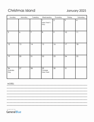 Current month calendar with Christmas Island holidays for January 2025