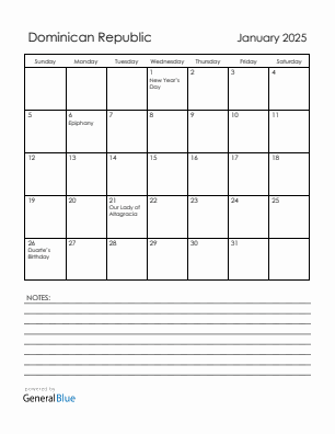 Current month calendar with Dominican Republic holidays for January 2025