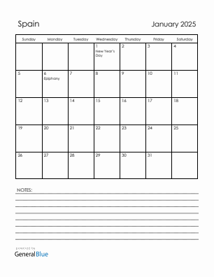 Current month calendar with Spain holidays for January 2025