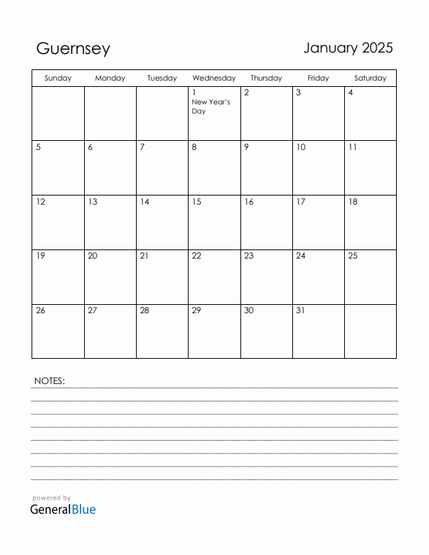 January 2025 Guernsey Calendar with Holidays (Sunday Start)