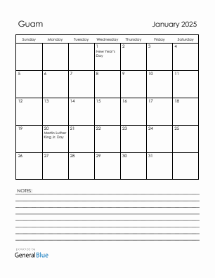 Current month calendar with Guam holidays for January 2025