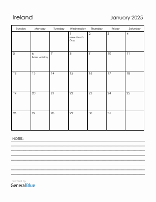 Current month calendar with Ireland holidays for January 2025