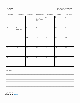 Current month calendar with Italy holidays for January 2025