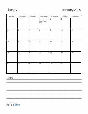 Current month calendar with Jersey holidays for January 2025