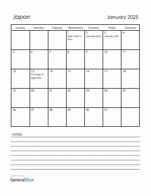 Current month calendar with Japan holidays for January 2025