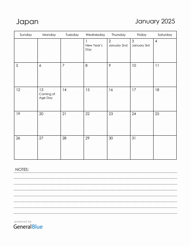 January 2025 Japan Calendar with Holidays (Sunday Start)