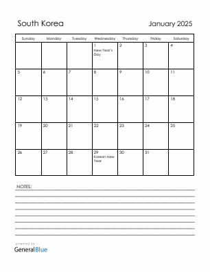 Current month calendar with South Korea holidays for January 2025