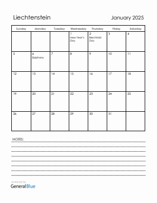 Current month calendar with Liechtenstein holidays for January 2025