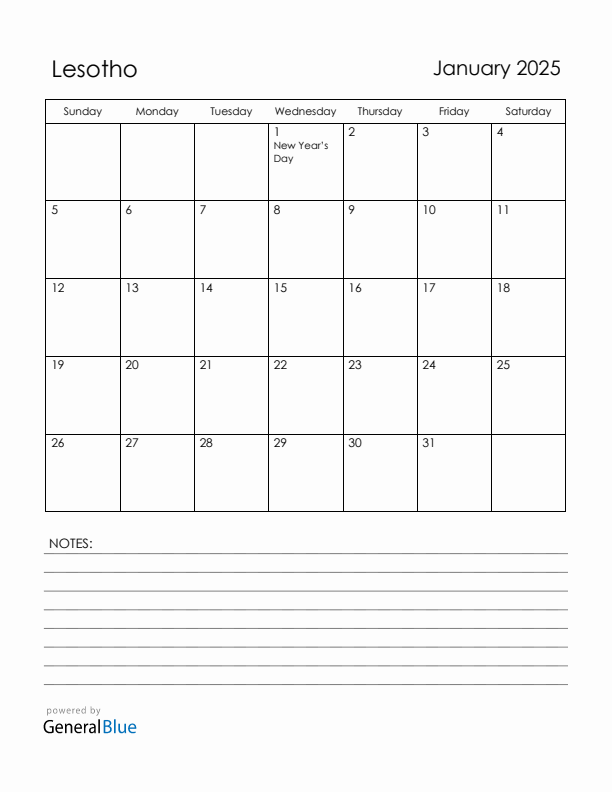 January 2025 Lesotho Calendar with Holidays (Sunday Start)