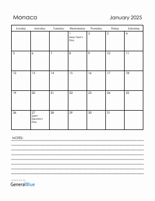 Current month calendar with Monaco holidays for January 2025