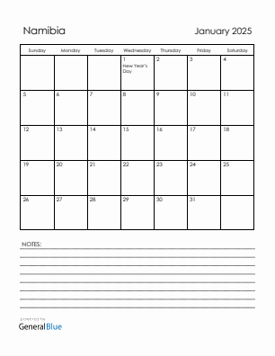 Current month calendar with Namibia holidays for January 2025