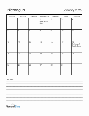 Current month calendar with Nicaragua holidays for January 2025