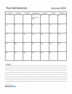 Current month calendar with The Netherlands holidays for January 2025