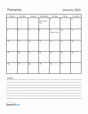 Current month calendar with Panama holidays for January 2025