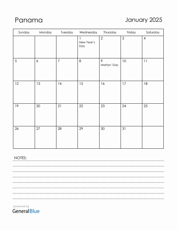 January 2025 Panama Calendar with Holidays (Sunday Start)