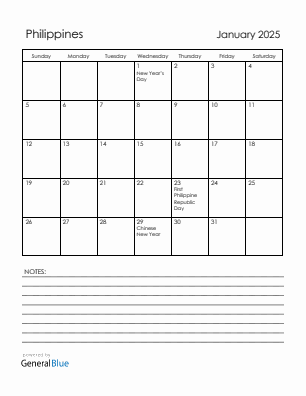 Current month calendar with Philippines holidays for January 2025
