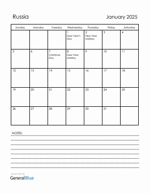 Current month calendar with Russia holidays for January 2025