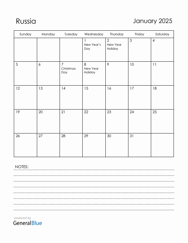 January 2025 Russia Calendar with Holidays (Sunday Start)