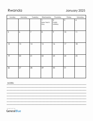 Current month calendar with Rwanda holidays for January 2025