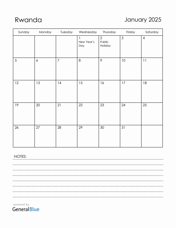 January 2025 Rwanda Calendar with Holidays (Sunday Start)