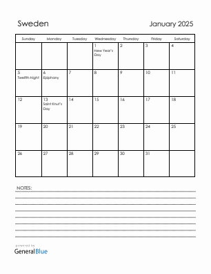 Current month calendar with Sweden holidays for January 2025