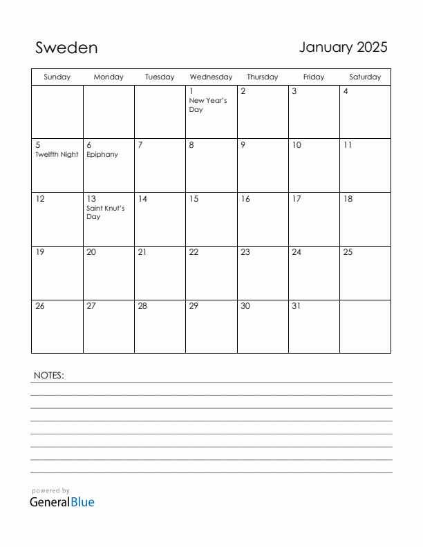 January 2025 Sweden Calendar with Holidays (Sunday Start)