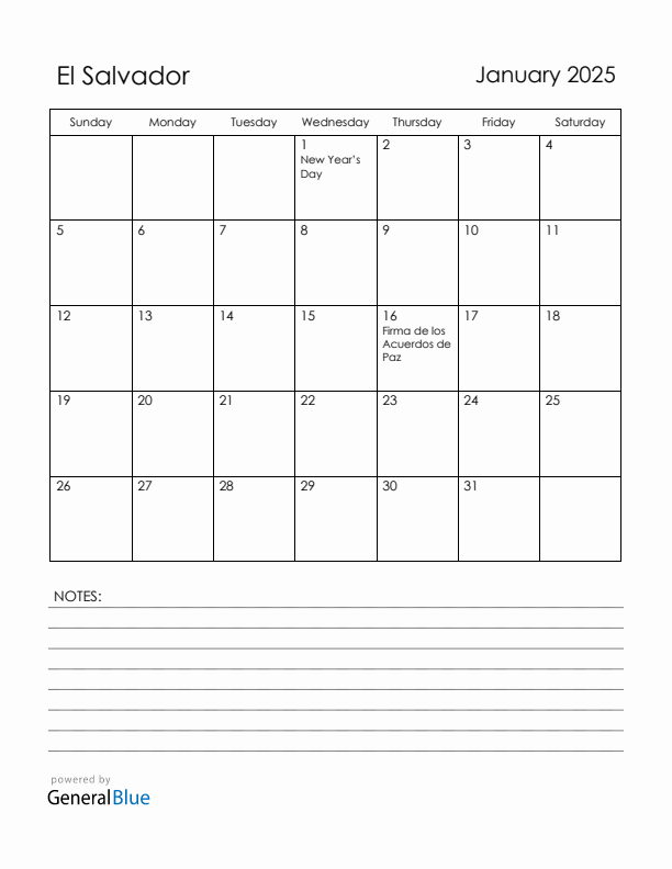 January 2025 El Salvador Calendar with Holidays (Sunday Start)