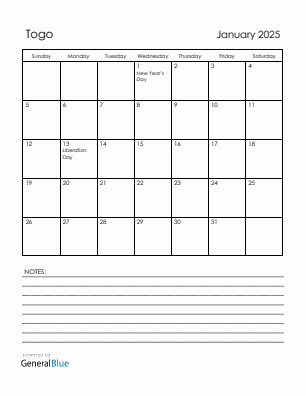 Current month calendar with Togo holidays for January 2025