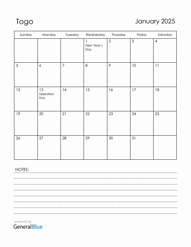 January 2025 Togo Calendar with Holidays (Sunday Start)