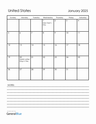 Current month calendar with United States holidays for January 2025