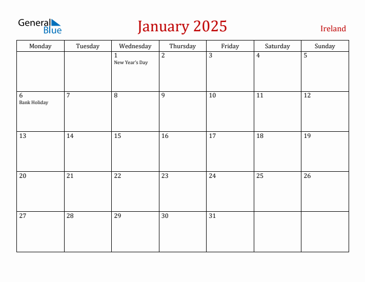 Ireland January 2025 Calendar - Monday Start