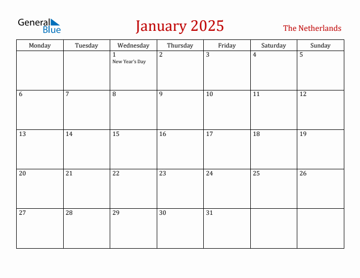 The Netherlands January 2025 Calendar - Monday Start