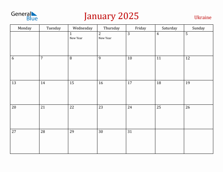 Ukraine January 2025 Calendar - Monday Start