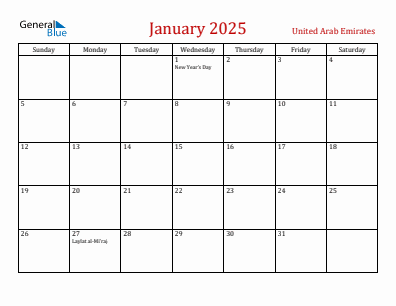 Current month calendar with United Arab Emirates holidays for January 2025