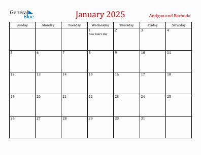 Current month calendar with Antigua and Barbuda holidays for January 2025