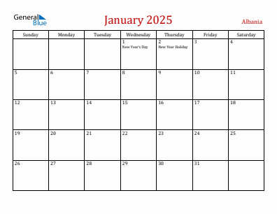 Current month calendar with Albania holidays for January 2025