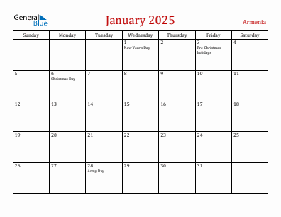 Current month calendar with Armenia holidays for January 2025