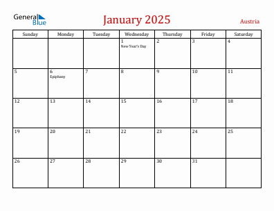 Current month calendar with Austria holidays for January 2025